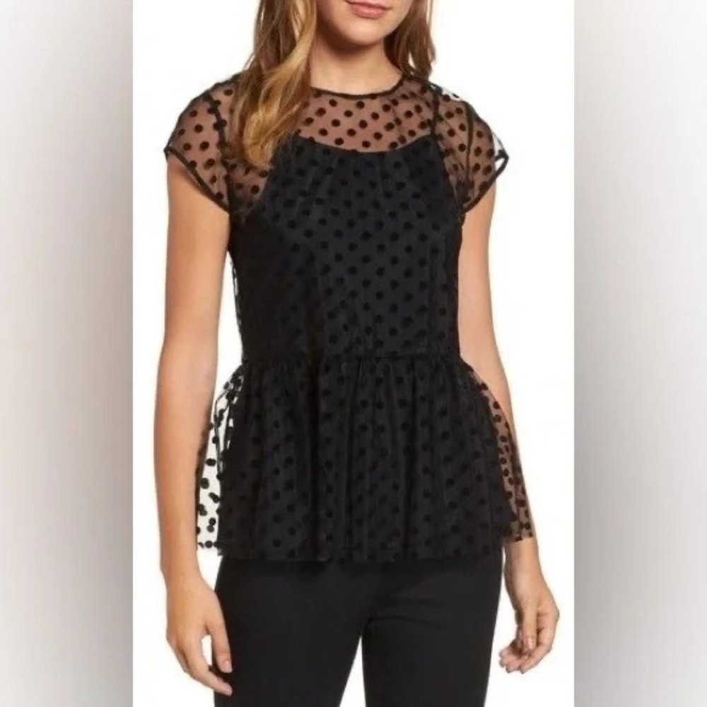 Halogen Mesh Polka Dot Peplum Top Womens XS Keyhole Back Camisole Black Elegant